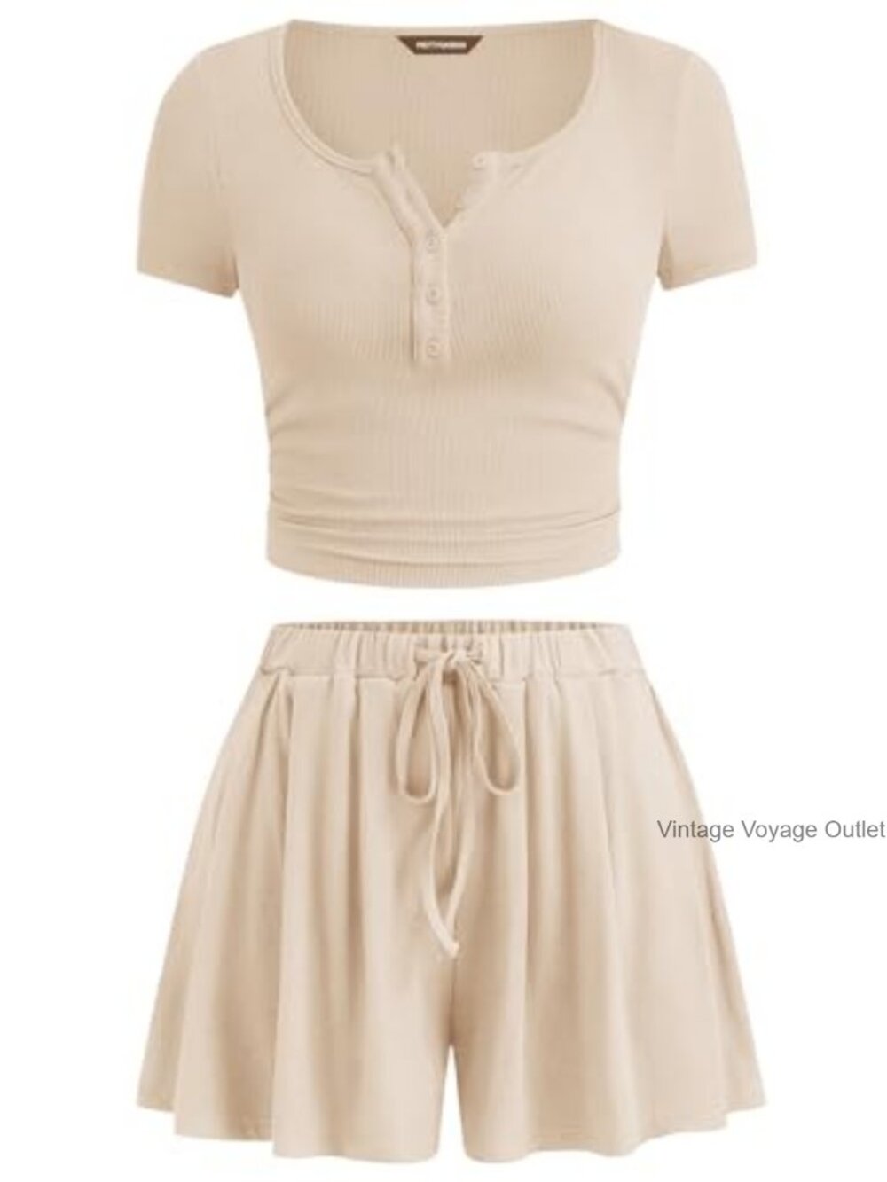 PRETTYGARDEN Ribbed Knit Button Down Top & Drawstring Shorts 2 Piece Lounge Set